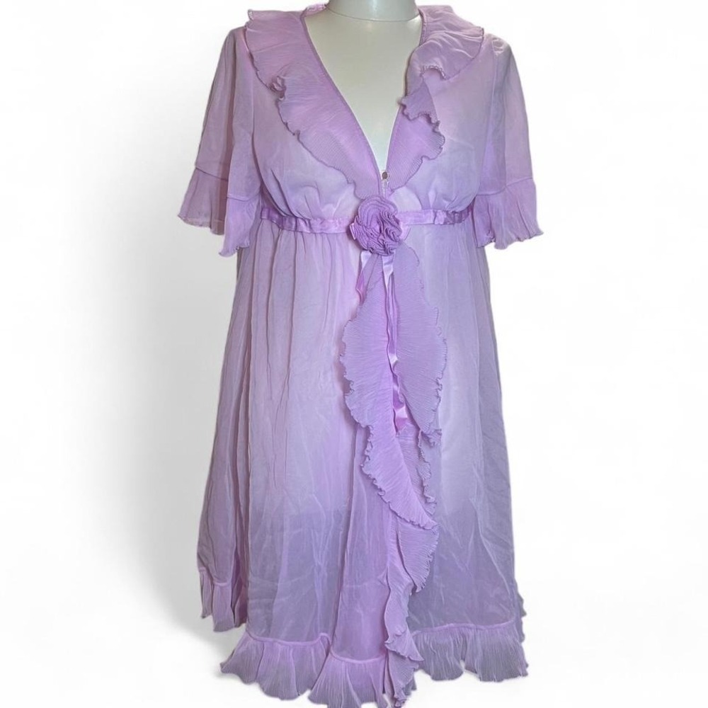 Vintage 70s Lavender Purple Ruffled Pleated Sheer Robe Cover Up Loungewear‎